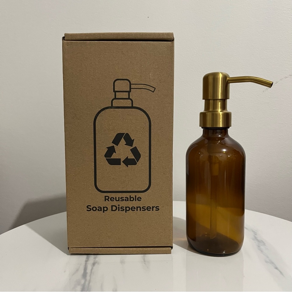 NEW 3 pc for $12 Amber Glass Hand Dish Soap Dispenser 8oz Bottle with Gold Pump